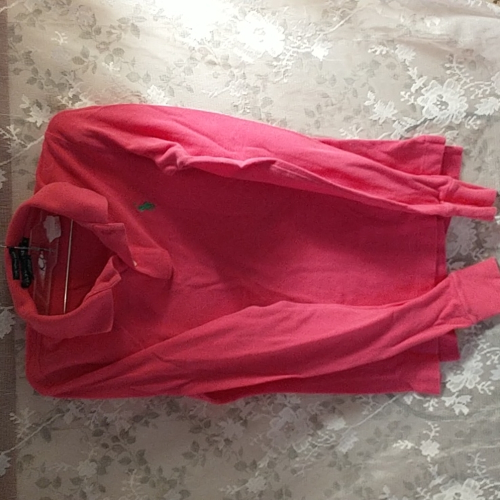 Long sleeve pink Ralph Lauren tee sz small ribbed wrist & collar button V neck
